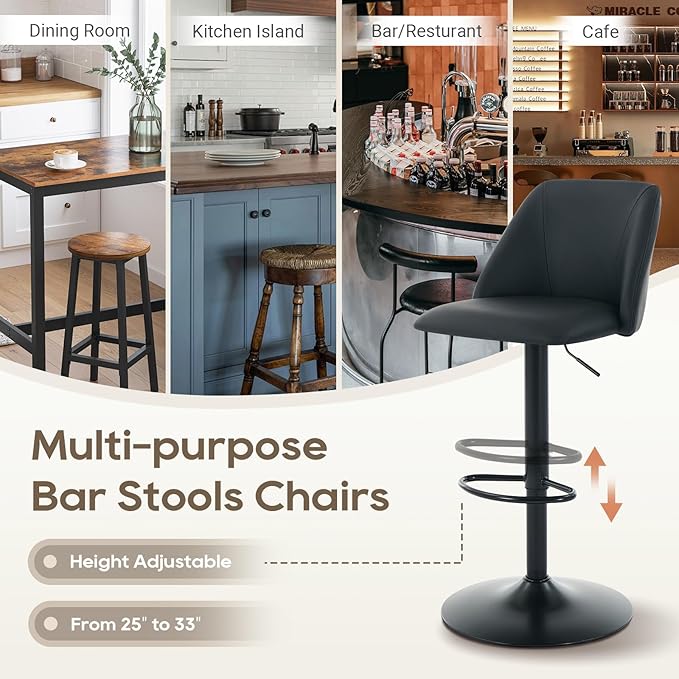 COLAMY Bar Stools Set of 3, Modern Swivel Bar Chairs, Adjustable PU Leather Upholstered Barstools Counter Height with Full Backrest for Bar, Dining Room, Kitchen Island, Black