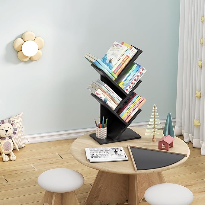 Hoctieon 4 Tier Tree Bookshelf, 4 Shelf Bookcase, Free Standing Tree Bookcase, Display Floor Standing Shelf for Books, Book Organizer Shelves for Home Office, Living Room, Bedroom, Black