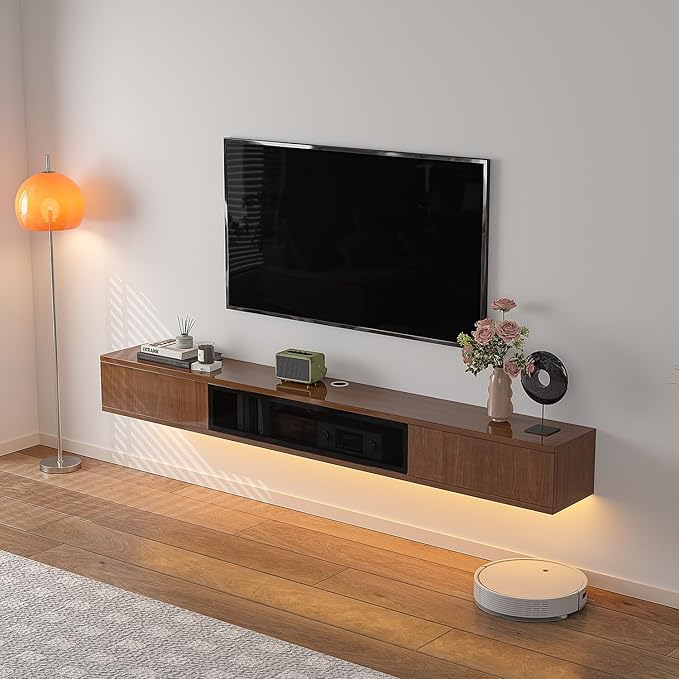 High Gloss Floating TV Stand,47'' Wall Mounted TV Console,Under TV Floating Shelf,Floating TV Cabinet with 3 Doors for Bedroom Living Room(Walnut)