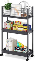 KINGRACK 3-Tier Metal Rolling Cart, Slim Storage Cart, Mobile Shelving Unit Trolley with Wheels, Bathroom Tier,Bathroom Organizer Utility for Laundry Room, Office, Narrow Place, Black