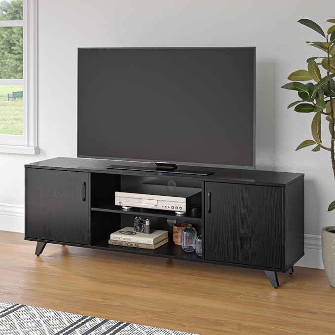 Panana Mid Century TV Stand Entertainment Center with 2 Doors, Wooden Medial Console Table for Living Room Furniture, 53.5" x 15" x 21.7" (Black)