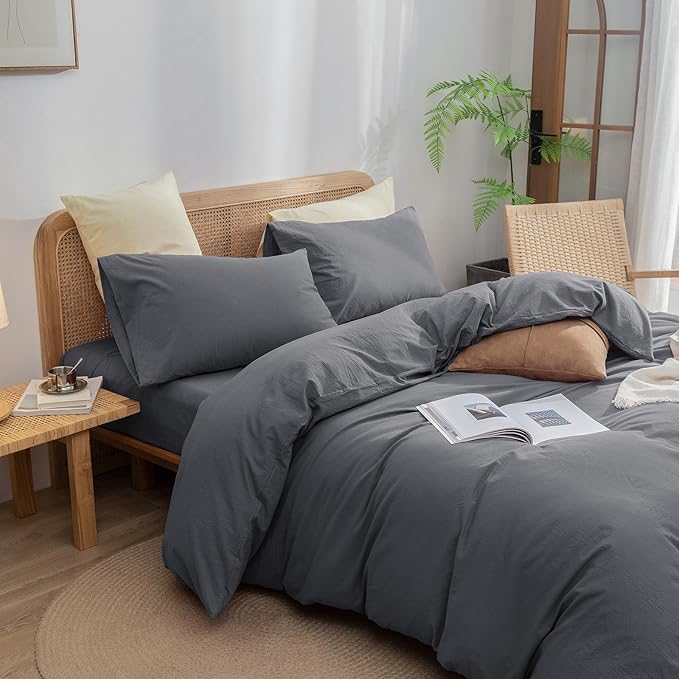BESTOUCH Duvet Cover Set 100% Washed Cotton Linen Feel Super Soft Comfortable Chic Lightweight 3 PCs Home Bedding Set Solid Quiet Shade Grey Queen