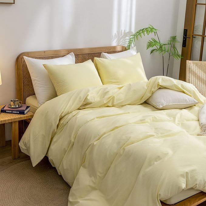 BESTOUCH Duvet Cover Set 100% Washed Cotton Linen Feel Super Soft Comfortable Chic Lightweight 3 PCs Home Bedding Set Solid Light Yellow King