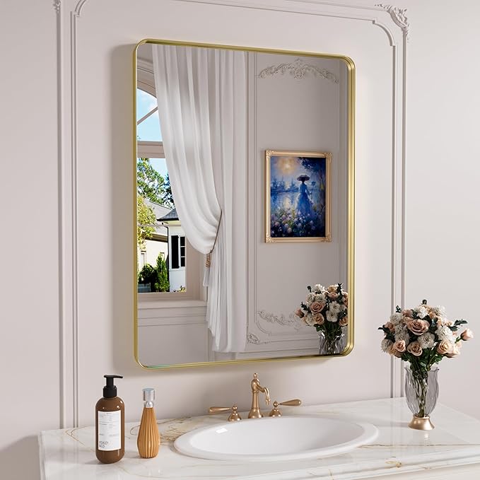 Gold Bathroom Mirror, 24x36 Inch Brushed Gold Metal Frame Mirror for Wall, Rounded Rectangle Bathroom Vanity Mirror, Tempered Glass, Anti-Rust, Horizontal/Vertical
