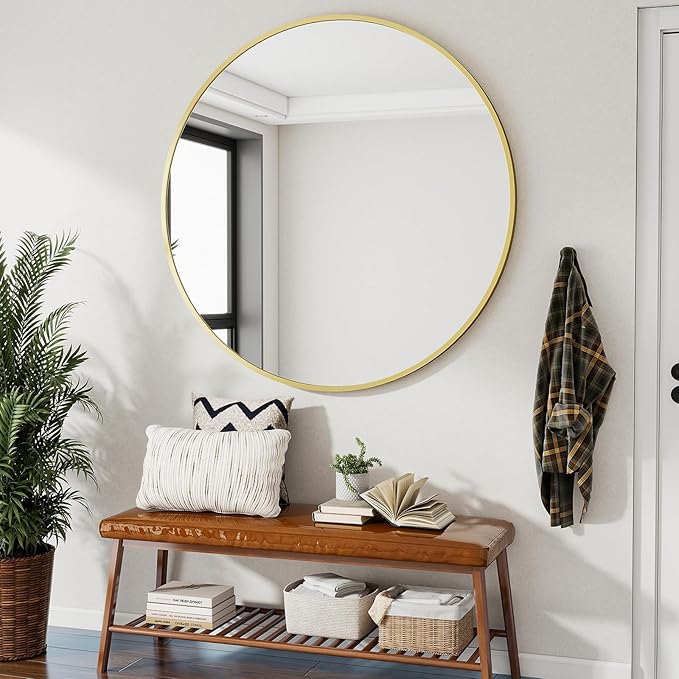 Black Round Bathroom Mirror, 42 inch Large Circle Wall Mounted Hanging Mirror with Simple Modern Circular Metal Frame for Hallway, Entryway, Living Room, Gold Frame