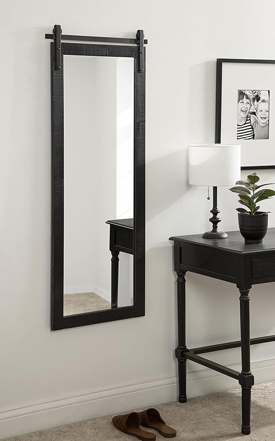 Kate and Laurel Cates Farmhouse Wood Framed Panel Wall Mirror; 18 x 50; Black; Decorative Rustic Barn Door Inspired Wall Mirror Decor With Full Length Size
