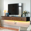 Fully-Assembled Floating TV Stand, Vintage Carved Floating Entertainment Center with Flip-Down Doors & Drawer, Walnut Wood Media Console Shelf Cabinet Under TV Storage for Living Room, 70IN
