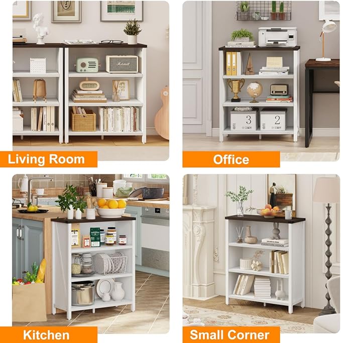 BON AUGURE Small Bookshelf for Small Space, 3 Tier Bookcase, Farmhouse Wood Low Book Case, Short Storage Book Shelf for Home Office, Living Room, Bedroom (White Oak and Walnut Brown)