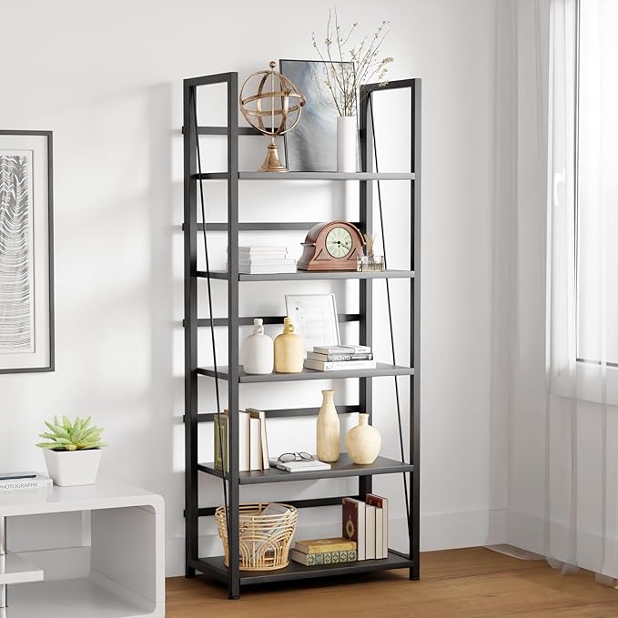 5 Tier Wood Book Shelf Organizer, No Assembly Bookshelf for Bedroom Living Room Office, Rustic Foldable Book Case, Tall Bookshelves, Open Book Shelves, Decorative Folding Shelf Display, Tall Bookcase