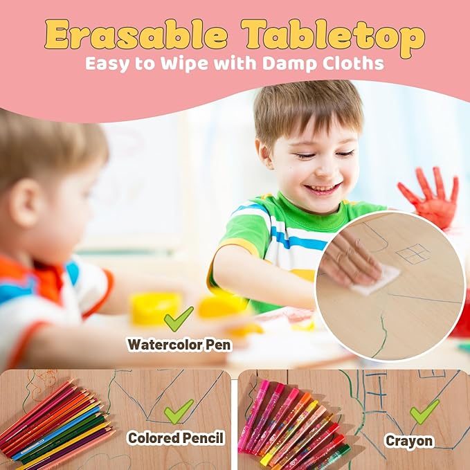 FUNLIO Kids Table and 2 Chairs Set for Ages 3-8, Height Adjustable Toddler Table and Chair Set, Easy to Wipe Arts & Crafts Table, for Classrooms/Daycares/Homes, CPC & CE Approved (3pcs Set) - Pink