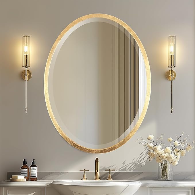 OVALCREST - Oval Wooden Beveled Wall Mirror for Home Decor, Bathroom, Vanity, Bedroom, Living Room, Hallway - London Style (Gold Leaf) 21.1 x 31.1