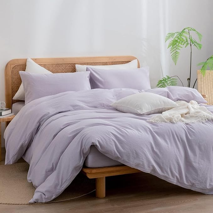 BESTOUCH Duvet Cover Set 100% Washed Cotton Linen Feel Super Soft Comfortable Chic Lightweight 3 PCs Home Bedding Set Solid Taro Purple Super King Plus