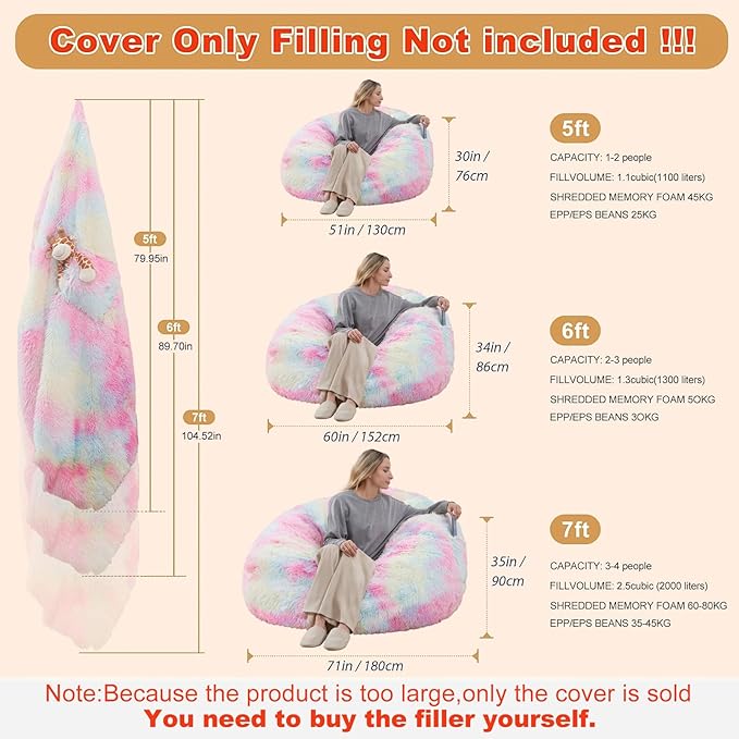 5FT Rainbow Bean Bag Chair Cover for Stuffed Animals Storage, Gaint Faux Fur Washable Bean Bag Covers(No Filler) for Textile Plush Toys, Colorful Beanbag Chair Cover for Adults Teens girl gifts