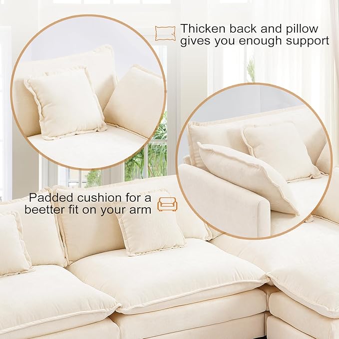 Furniliving 112‘’ L-Shaped Sofa, Luxury Chenille Modular Sectional Couches with Ottoman, Upholstered Deep Seat Sleeper Sofa with Memory Foam and Waist Pillows, Beige