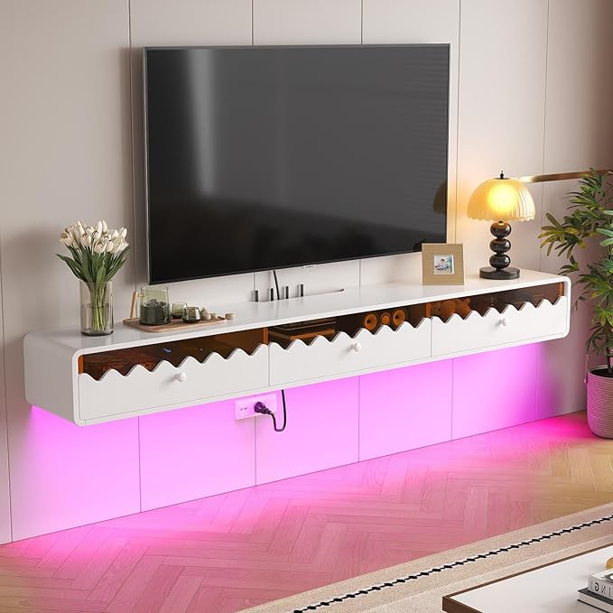 Floating TV Stand, 55IN Fully-Assembled Wall Mounted Wave Glass with Flip-Down Door & Drawers, Modern Media Entertainment Console Under TV Shelf for Livingroom