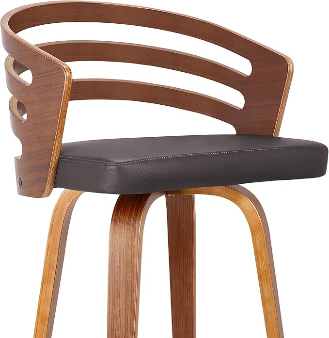 Armen Living Jayden Mid Century Modern Swivel Bar Stool for Kitchen Island Counter in Brown Faux Leather and Walnut Wood, 26" Seat Height