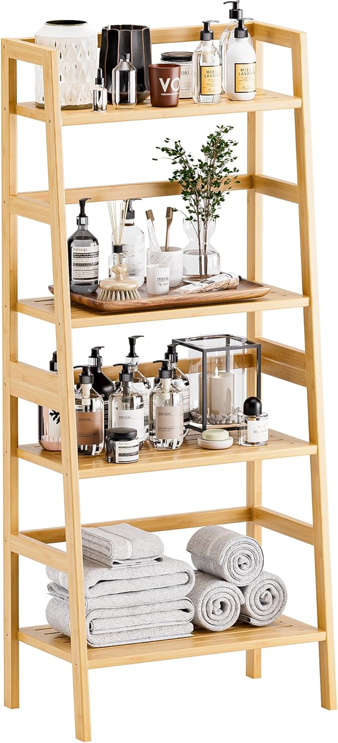 HITNET Ladder Shelf, 4-Tier Bookshelf, Bamboo Leaning Bookcase, Display Storage Rack Organizer, Freestanding Flower Plant Stand for Living Room, Home Office, Kitchen, Natural