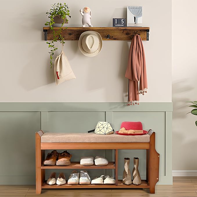 Shoe Storage Bench for Entryway, Bamboo Entryway Bench with Hidden Drawer and Side Brackets,2-Tier Shoe Rack Organizer for Entryway, Hallway,Bedroom and Bathroom