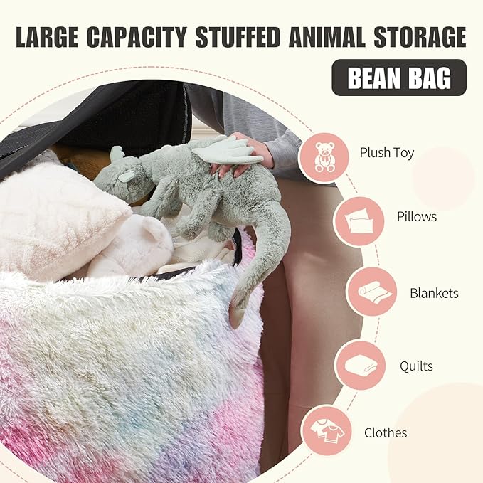 5FT Rainbow Bean Bag Chair Cover for Stuffed Animals Storage, Gaint Faux Fur Washable Bean Bag Covers(No Filler) for Textile Plush Toys, Colorful Beanbag Chair Cover for Adults Teens girl gifts