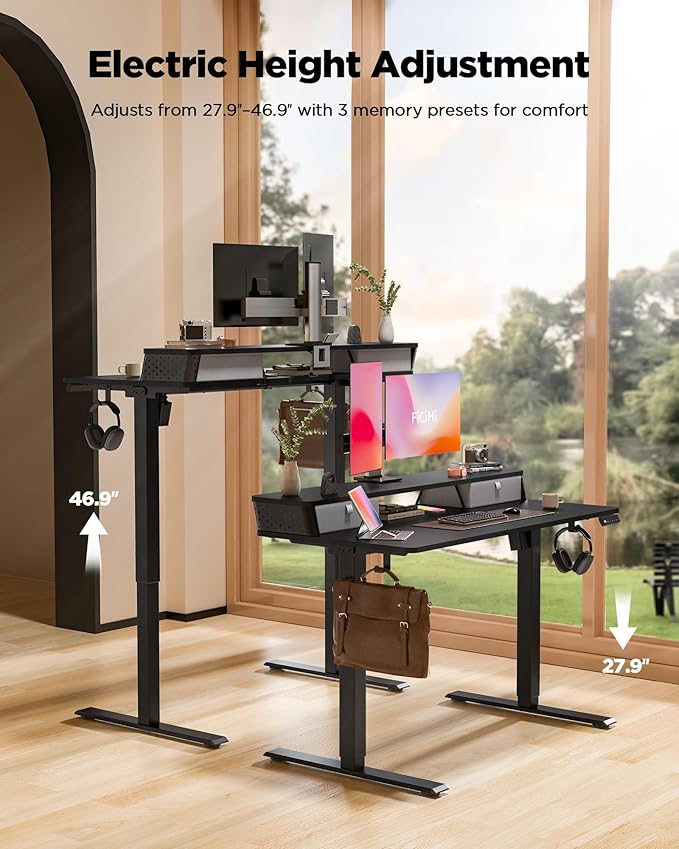 55x24 Inch Standing Desk with Double Drawers, C-Clamp Mount Compatible, Electric Adjustable Height Computer Stand Up Desks, Home Office Sit Stand Table with 3 Preset Heights & 2 Hooks, Black