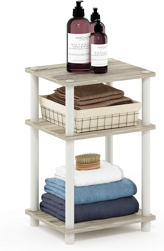 Furinno Just 3-Tier Turn-N-Tube End Table / Side Table / Night Stand / Bedside Table with Plastic Poles, 1-Pack, Sonoma Oak/White