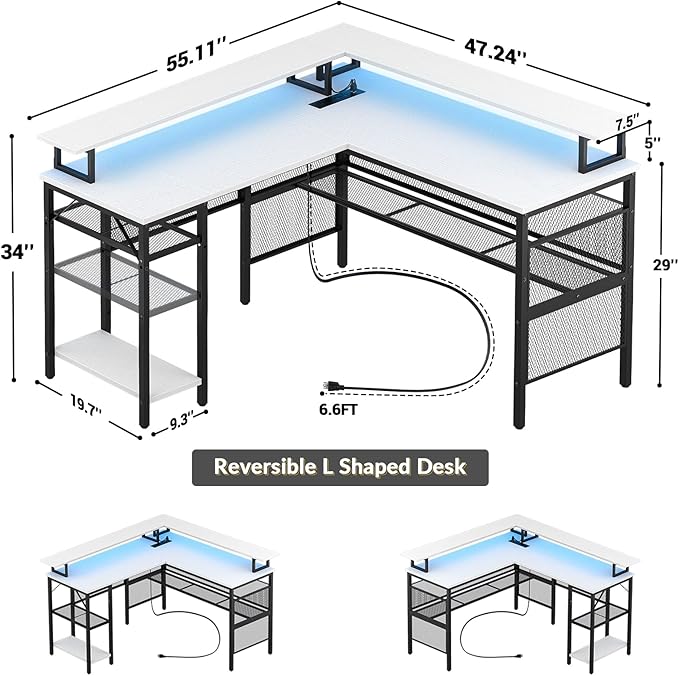 Unikito L Shaped Computer Desk with LED Strip and Power Outlets, Reversible Corner Desk with Monitor Stand and Storage Shelf, Modern Gaming Home Office Table with USB Ports, White
