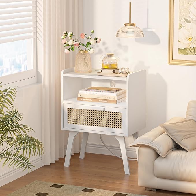 Lerliuo Rattan Nightstand with Charging Station, White Bedside Table with Drawer Open Shelf, Cane Accent Side End Table with Solid Wood Legs, Night Stand for Bedroom, Dorm and Small Spaces