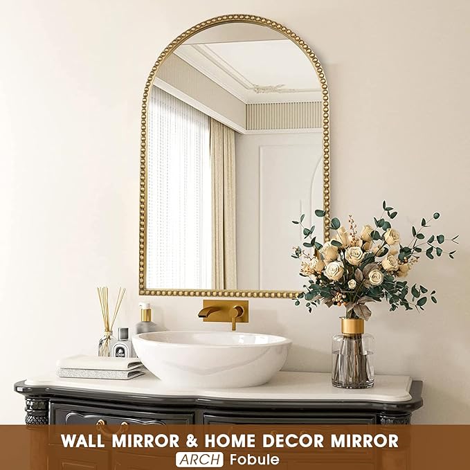 Arched Wall Mirror for Bathroom, 30"x40" Metal Beaded Frame Decorative Accent Mirror, Large Modern Distressed Hanging Wall Decor for Washroom, Bedroom, Living Room, Entryway, Antique Gold