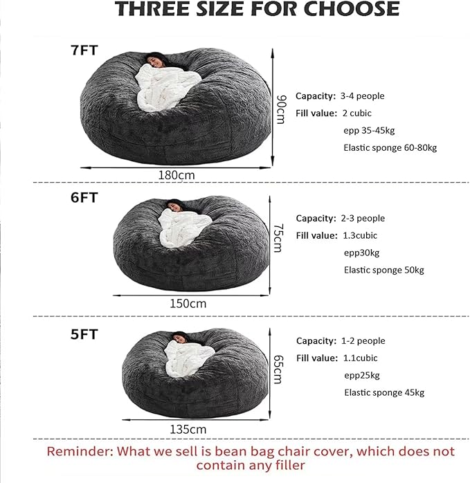 BCU Bean Bag Cover Comfy Beanbag Chair for Adults Without Filler Faux Fur Lazy Sofa Cover for Living Room Chairs, Grey, 3.5FT