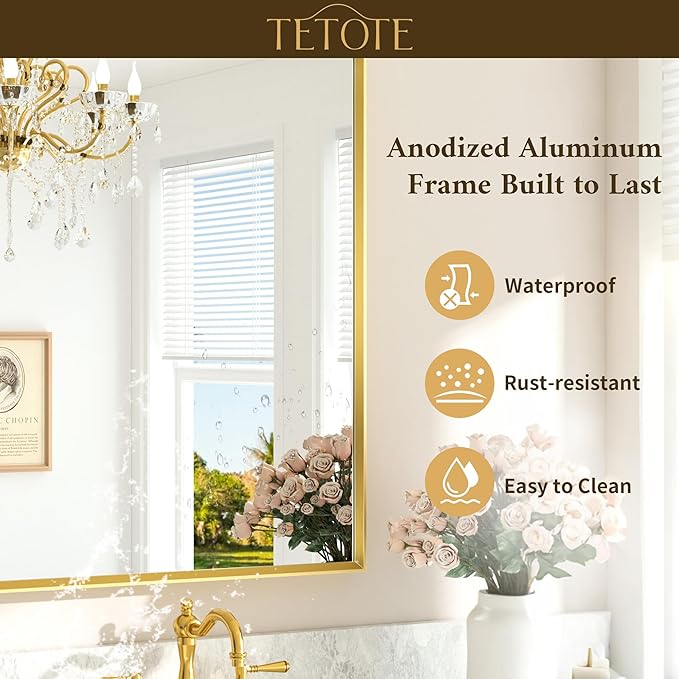 TETOTE Brushed Gold Mirror for Bathroom Sink 24" x 32" Beveled Frame Brushed Gold Brass Vanity Rectangle Mirror for Bathroom Wall, Modern Farmhouse, Tempered Glass, Stronger Frame