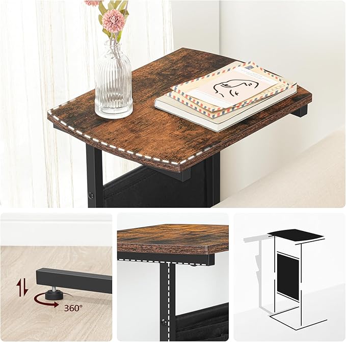 HOOBRO C Shaped End Table Set of 2, Small Side Table for Couch with Storage Bag, Slide Under Sofa, for Small Place, Sturdy Frame, Living Room, Bedroom, Rustic Brown and Black BF40SFP201