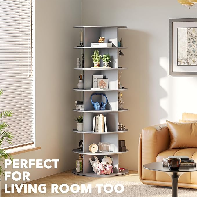 SpaceAid 7 Tier Rotating Shoe Rack Tower, Spinning Shoe Display Lazy Susan, Revolving 360 Shoe Rack Storage Round Carousel, Vertical Handbag Rotate Shoes Closet Organization (7-Tier Gray)