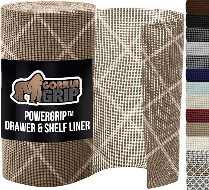 GORILLA GRIP powerGRIP Drawer Shelf and Cabinet Liner, Thick Strong Hold, Non-Adhesive Liners Protect Kitchen Cabinets and Cupboard, Bathroom Drawers, Easy Install, Breathable Mat, 12" x20', Beige