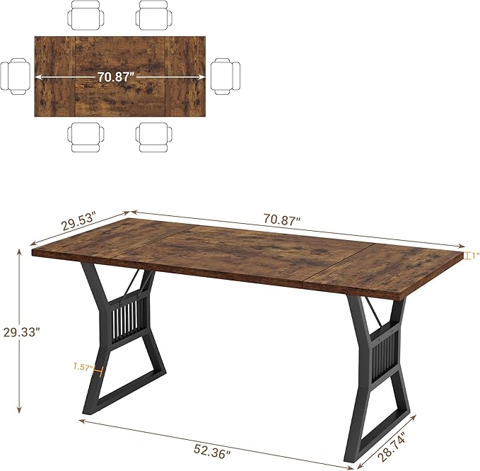 GarveeHome 70.8 Inch Dining Table 4-6 Person, Kitchen Table with Heavy Duty Metal Legs, Farmhouse Dining Room Table for Kitchen, Living Room