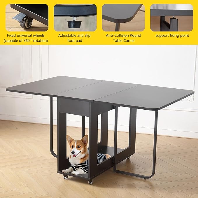 Folding table and chair set, dining table with extra large storage space and 4 universal wheels, matched with padded steel frame folding chairs, space-saving dining table and 2 chairs (Black)