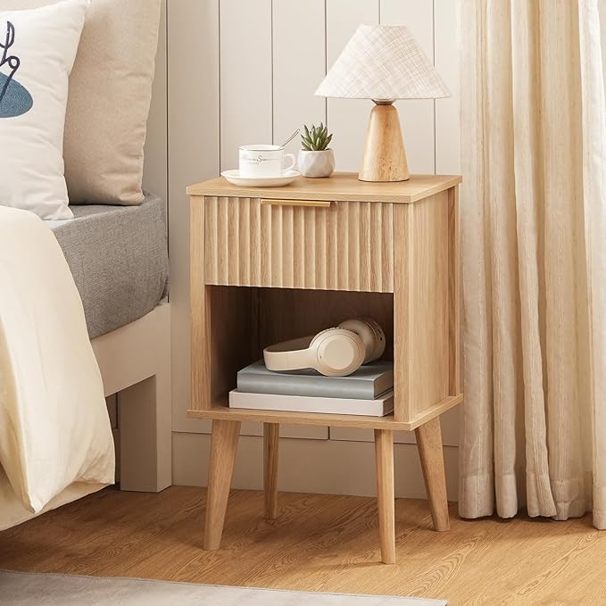 End Table, Fluted Night Stand, Modern Side Table, Bedside Table with 1 Drawer and 1 Open Compartment, Mid Century Nightstand, for Living Room, Bedroom, Study, Office, Natural ETNA6201