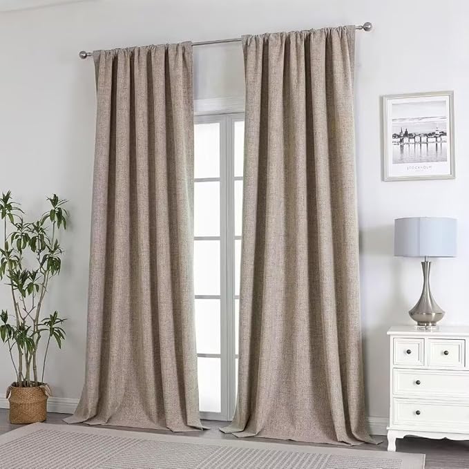 Joydeco Natural Linen Curtains 90 inch Length 2 Panels Set Burg 100% Blackout Patio Door Curtain Room Darkening Sliding Door Curtains Thermal Insulated Back tab Rod Pocket(105x90 inch, Linen)