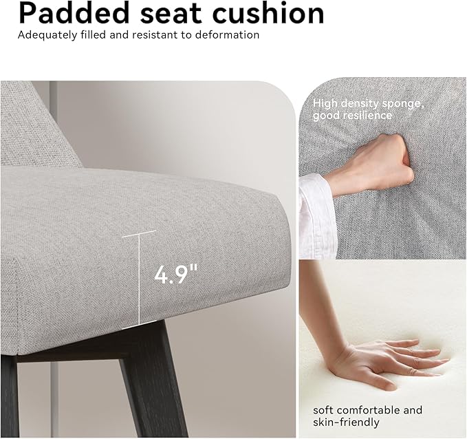 Counter Height Swivel Bar Stools Set of 4, 26 Inch Bar Stools with Footrest, Linen Fabric Upholstered Barstools with Back and Solid Wood Legs for Kitchen Island, Dining Room,Pub,Light Grey