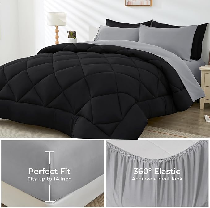 HEVUMYI Full Comforter Set - 7-Piece All Season Bed in a Bag Full, Ultra Soft Bedding Set with Comforter, Flat Sheet, Fitted Sheet, Pillowcases, Pillow Shams, Black & Light Grey
