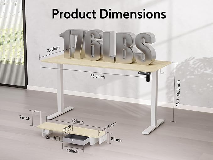 55x24 Inches Electric Standing Desk with Drawer and Monitor Stand, Height Adjustable Stand up Desk for Home Office, Ergonomic Sit to Stand Desk with Phone Holder, 3 Hooks, Oak