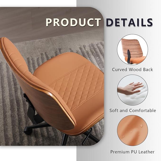 Home Office Chair No Arms with Wheels, Adjustable Height PU Leather Mid Back, 360 Swivel Computer Small Desk Chair, Armless Modern Walnut Style for Office, Reading Meeting Room(Brown)