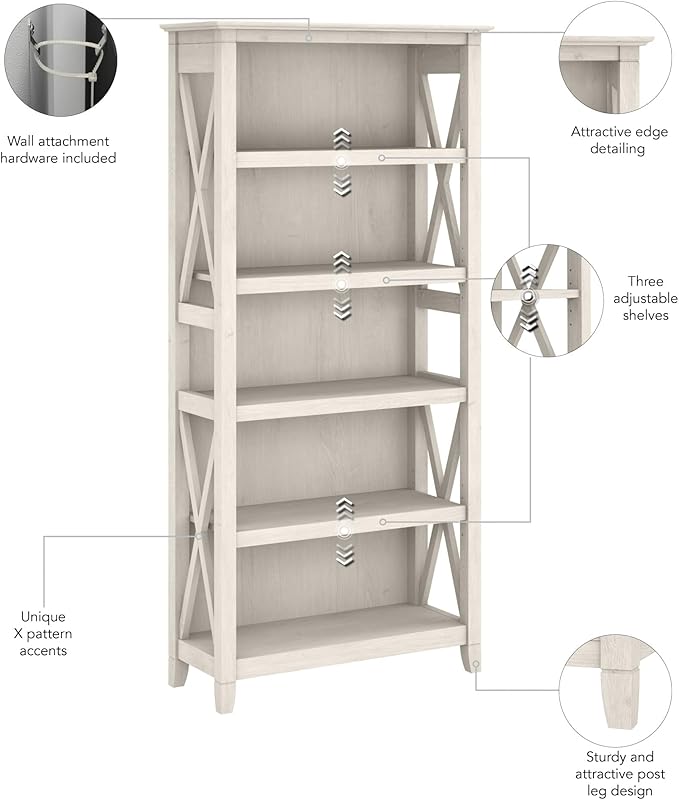 Bush Furniture Tall 5 Shelf Bookcase for Living Room or Home Office, Large Bookshelf, Modern Farmhouse Style, Key West Collection, Linen White Oak
