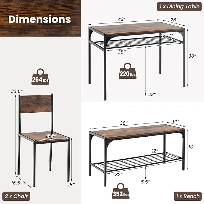 Tangkula Dining Table Set for 4, Kitchen Table and 2 Chairs for 4 with Bench, Additonal Storage Rack, 4 Piece Dining Table Set for Small Space, Apartment