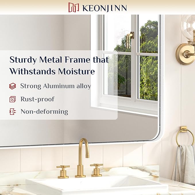 Keonjinn White Bathroom Mirrors for Over Sink, 30 x 36 Inch Metal Framed Bathroom Mirror for Wall, Rounded Rectangle Matte White Mirror with HD Tempered Glass, Hangs Horizontally or Vertically