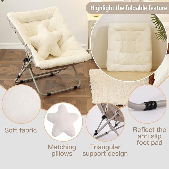 Welnow Comfy Saucer Chair with Ottoman, Oversized Folding Reading Chair for Adults with Throw Pillow Soft Faux Fur Lounge Chair for Bedroom Furry Accent Chair for Living Room, Dorm Rooms, Beige
