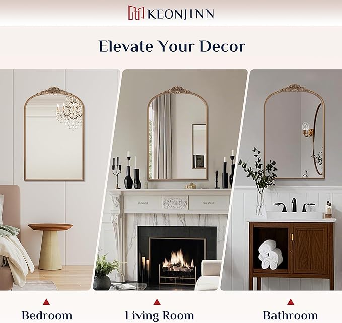 Keonjinn Vintage Gold Mirror 24" x 40", Large Mirror Decorative for Wall, Antique Bathroom Mirrors, Ornate Brass Mantle Mirrors, Baroque Decor for Entryway, Hallway, Living Room, French Cleat Mounting