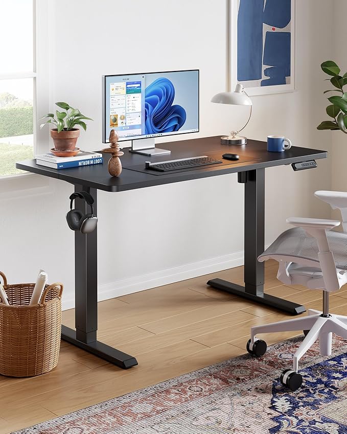 HUANUO 40" x 24" Electric Standing Desk Adjustable Height, 4 Memory Height Settings, Headphone Hook, Cable Manager, Sit Stand Up Desk for Home Office & Computer Workstation, Black
