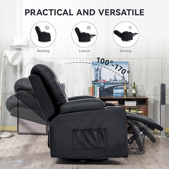 COMHOMA Living Room Furniture Set,Bonded Leather Sofa with Massage,Cup Holder Recliner Chair,3+2+1,Black