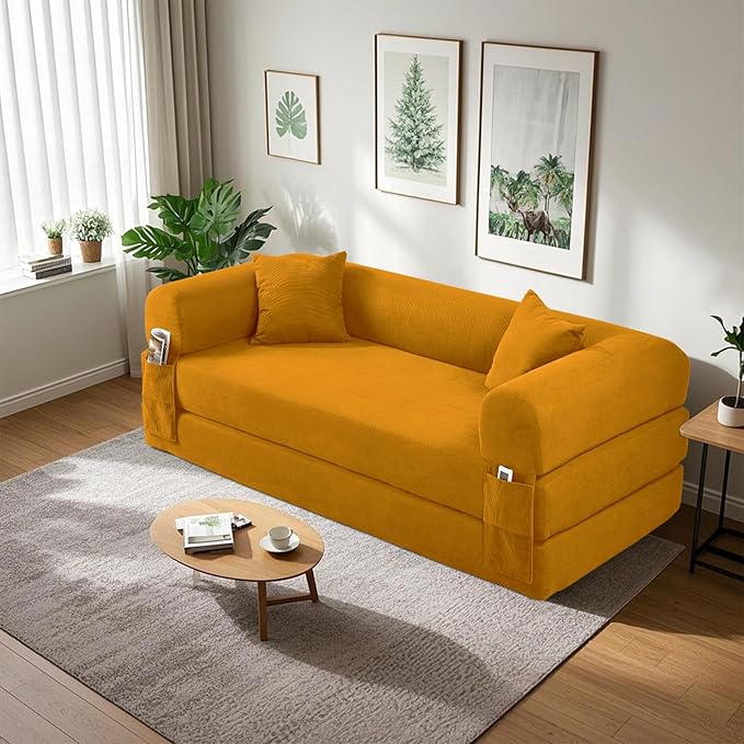 80" Convertible Sofa Bed, 3-in-1 Corduroy Folding Pull Out Couch with Pillows, No Assembly Modern Boneless Couch Compression Sofa in Box, Floor Sofa with Side Storage Pocket for Living Room, Yellow