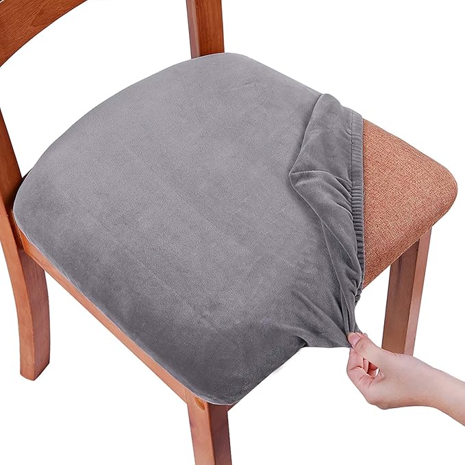 Smiry Velvet Seat Covers for Dining Room Chair Set of 4, Stretch Fit Removable Washable Chair Seat Cushion Protector Slipcovers with Ties, Grey